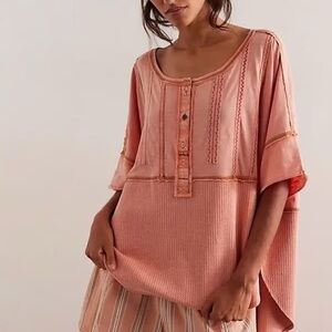 We The Free "In My Feelings" half-sleeve oversized henley top in a coral